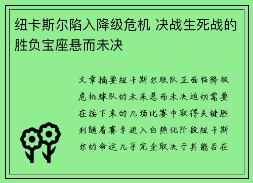 纽卡斯尔陷入降级危机 决战生死战的胜负宝座悬而未决