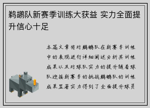 鹈鹕队新赛季训练大获益 实力全面提升信心十足