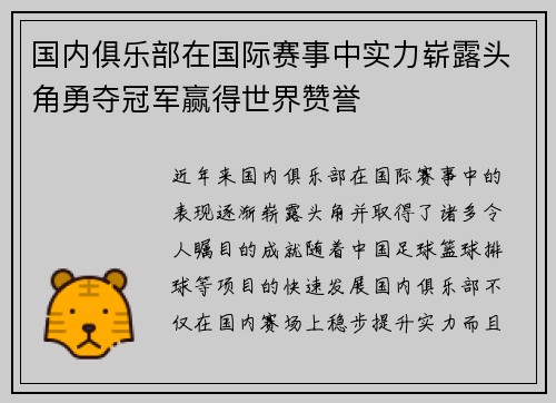 国内俱乐部在国际赛事中实力崭露头角勇夺冠军赢得世界赞誉